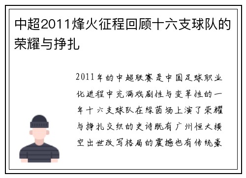 中超2011烽火征程回顾十六支球队的荣耀与挣扎
