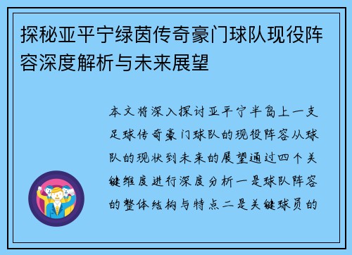 探秘亚平宁绿茵传奇豪门球队现役阵容深度解析与未来展望