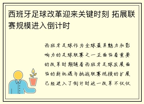 西班牙足球改革迎来关键时刻 拓展联赛规模进入倒计时